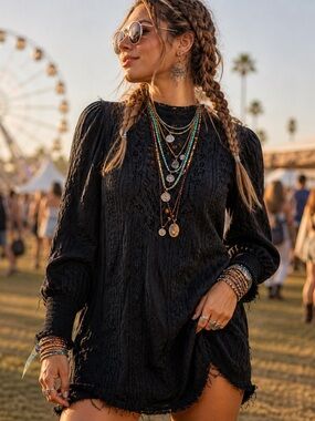 Free People FP One Black Lace Victorian Boho Dress High Neck Size S